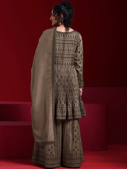 Dhiyona LL Womens Brown Embroidered A-Line Kurta With Sharara & Dupatta