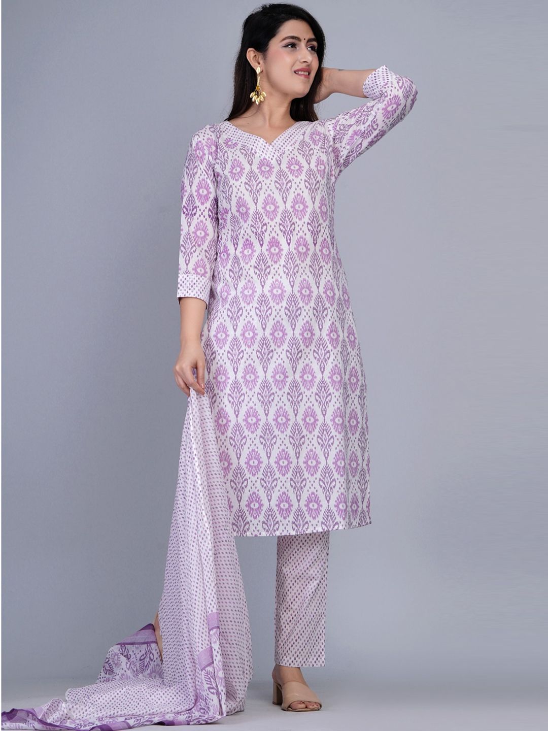 Dhiyona KL Ethnic Motifs Printed Straight Pure Cotton Kurta & Trousers With Dupatta