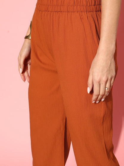 Rust Rust Flared Sleeve Organza detailed V Neck Textured Kurta with Palazzo