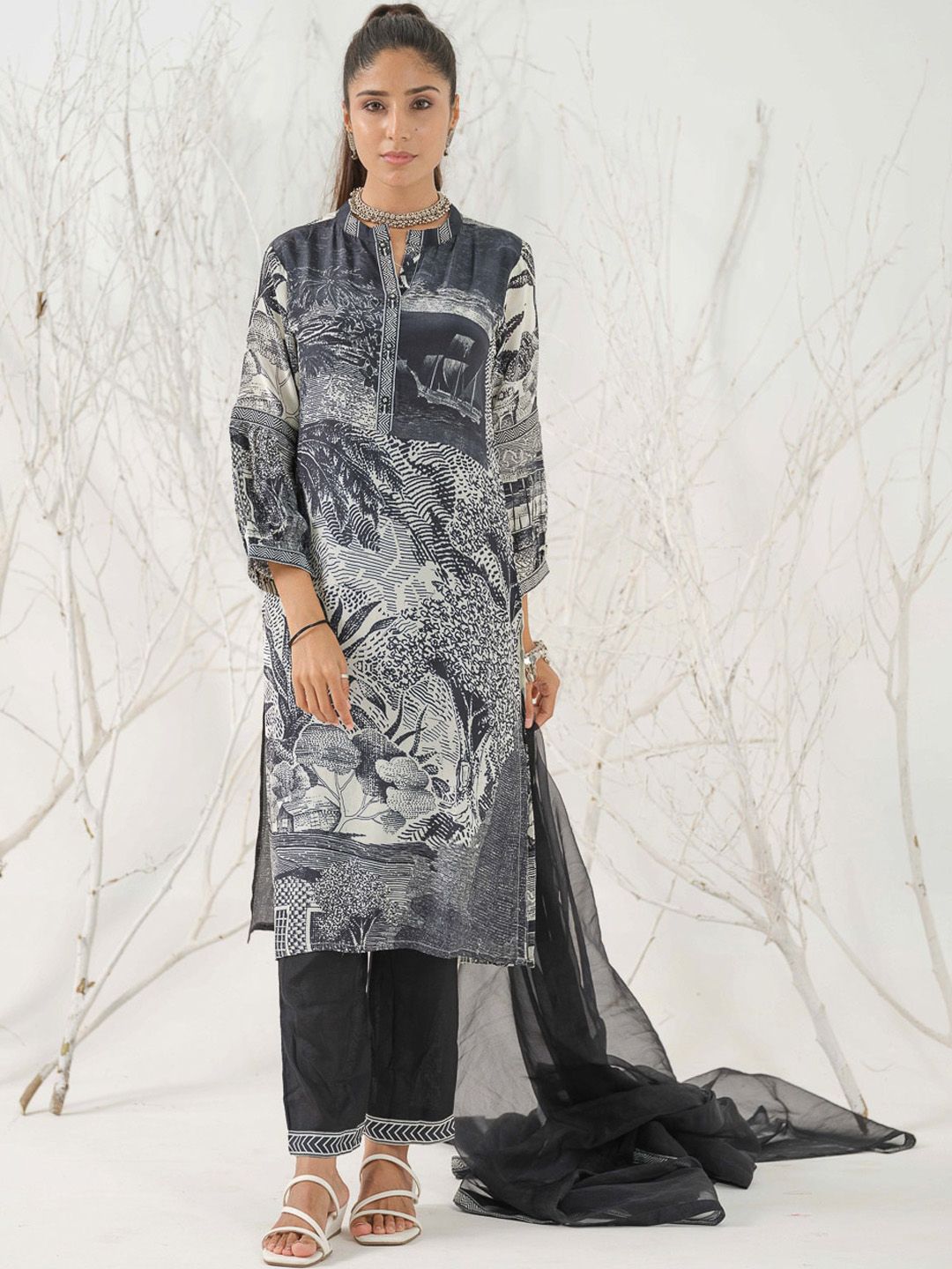 Dhiyona IS Women's Floral Printed Linen Straight Kurta with Trousers & Dupatta