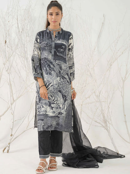 Dhiyona IS Women's Floral Printed Linen Straight Kurta with Trousers & Dupatta