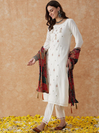 Dhiyona SN Women's White Ethnic Motifs Embroidered Thread Work Straight Kurta & Trouser With Dupatta