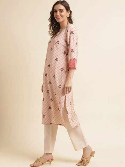 Dhiyona IS Women's Peach-Coloured Floral Printed Pure Cotton Straight Kurta & Trousers With Dupatta