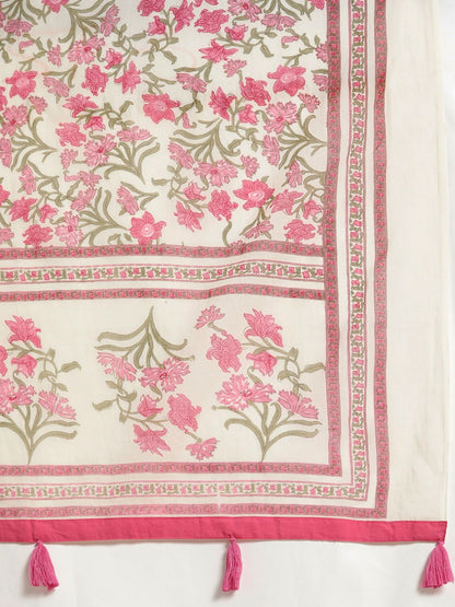 Dhiyona RR Women's Pink Floral Printed Sequinned Pure Cotton Kurta with Trousers & With Dupatta