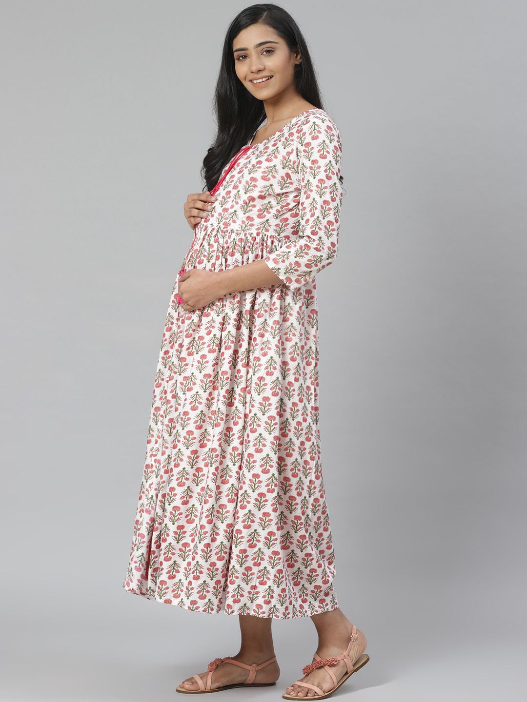 Dhiyona AY Women's White & Pink Pure Cotton Printed Maternity Layered A-Line Dress