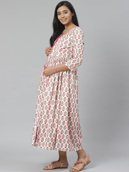 Dhiyona AY Women's White & Pink Pure Cotton Printed Maternity Layered A-Line Dress