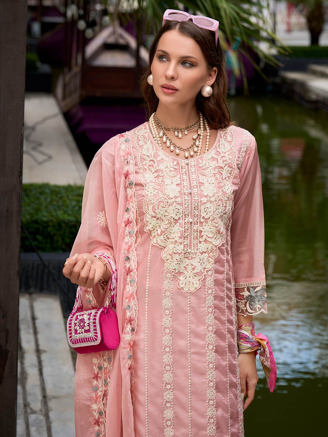 Dhiyona IE Floral Embroidered Sequinned Straight Kurta with Trouser & Dupatta