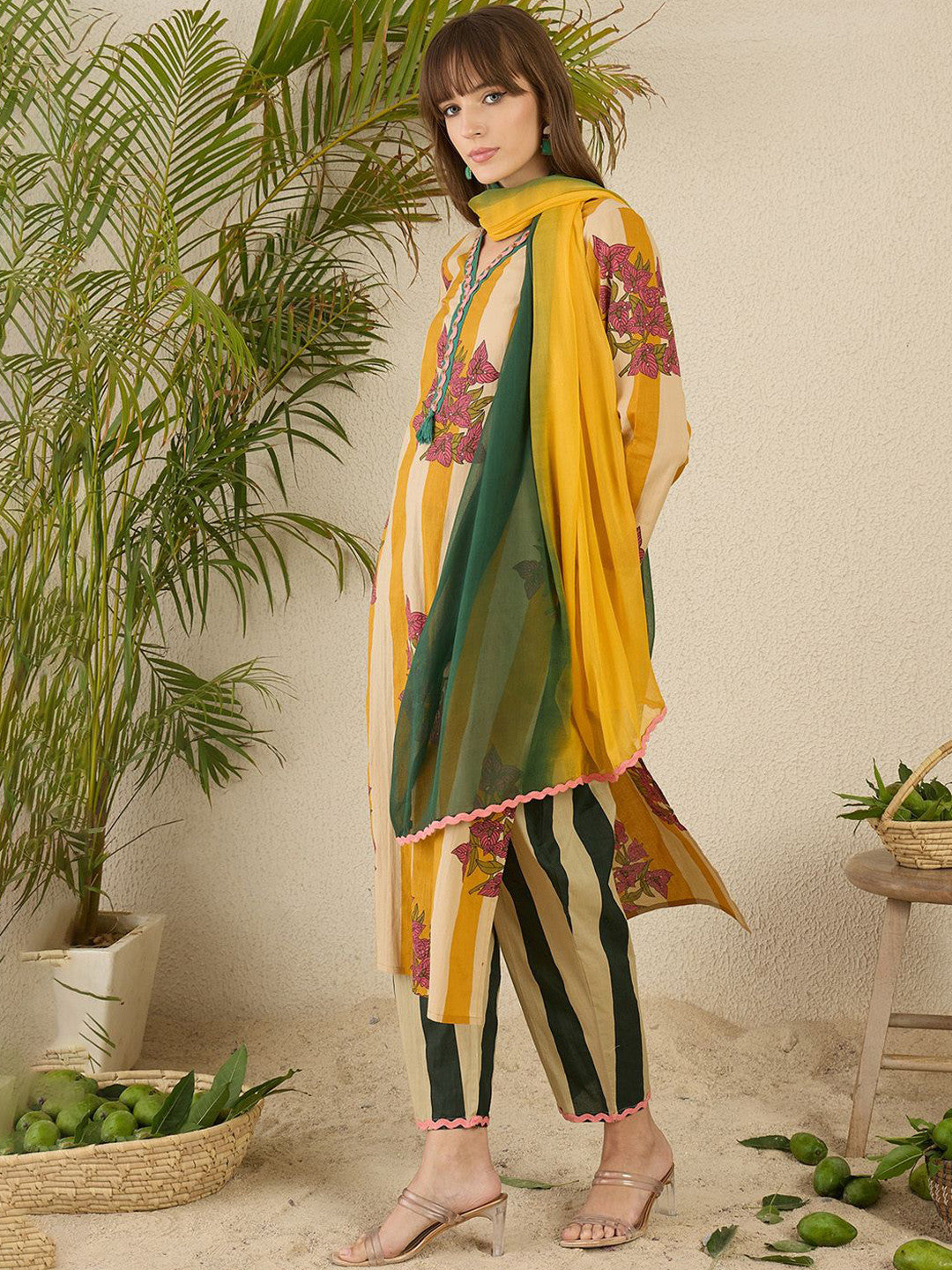 Women Tribal Striped Regular Pure Cotton Kurtas & Trousers With Dupatta