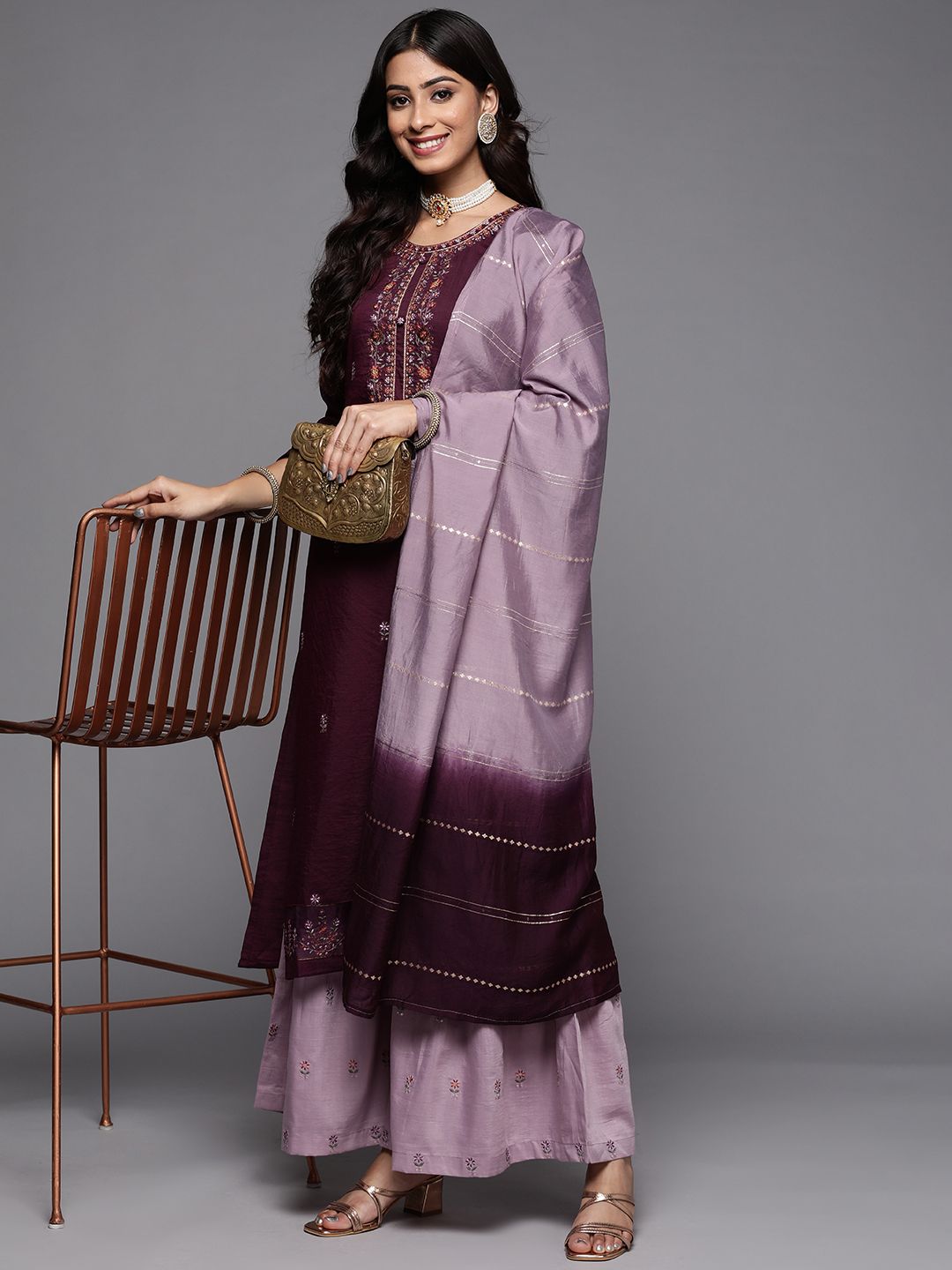 Dhiyona VA Floral Embroidered Thread & Sequin Work Straight Kurta with Sharara & Dupatta