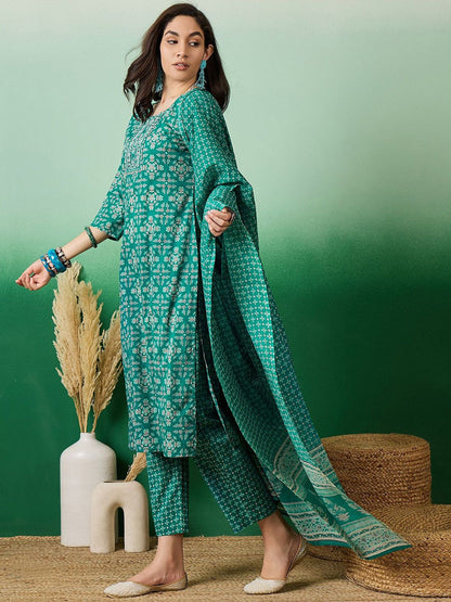 Dhiyona SN Women's Printed Pure Cotton Straight Kurta With Trousers & Dupatta