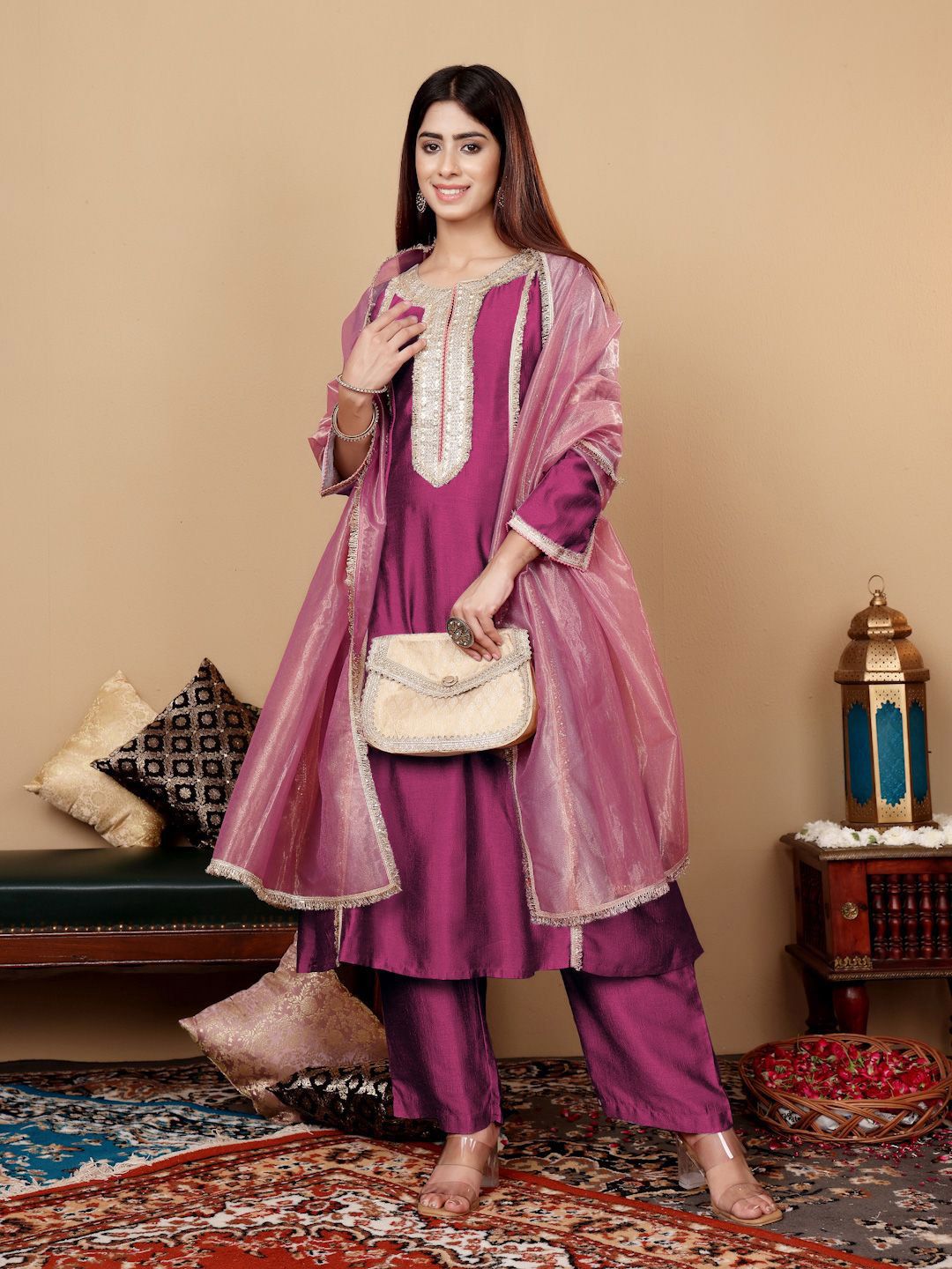 Purple Yoke Design Regular Sequinned Kurta with Trousers & With Dupatta