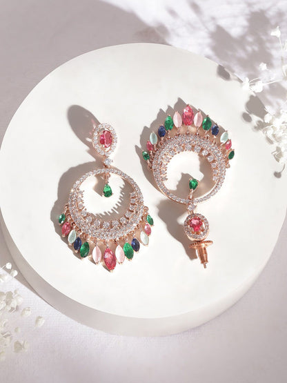 Dhiyona RJ Women's 22K Rose Gold-Plated Multicolor Cubic Zirconia Studded Chandbali Earrings