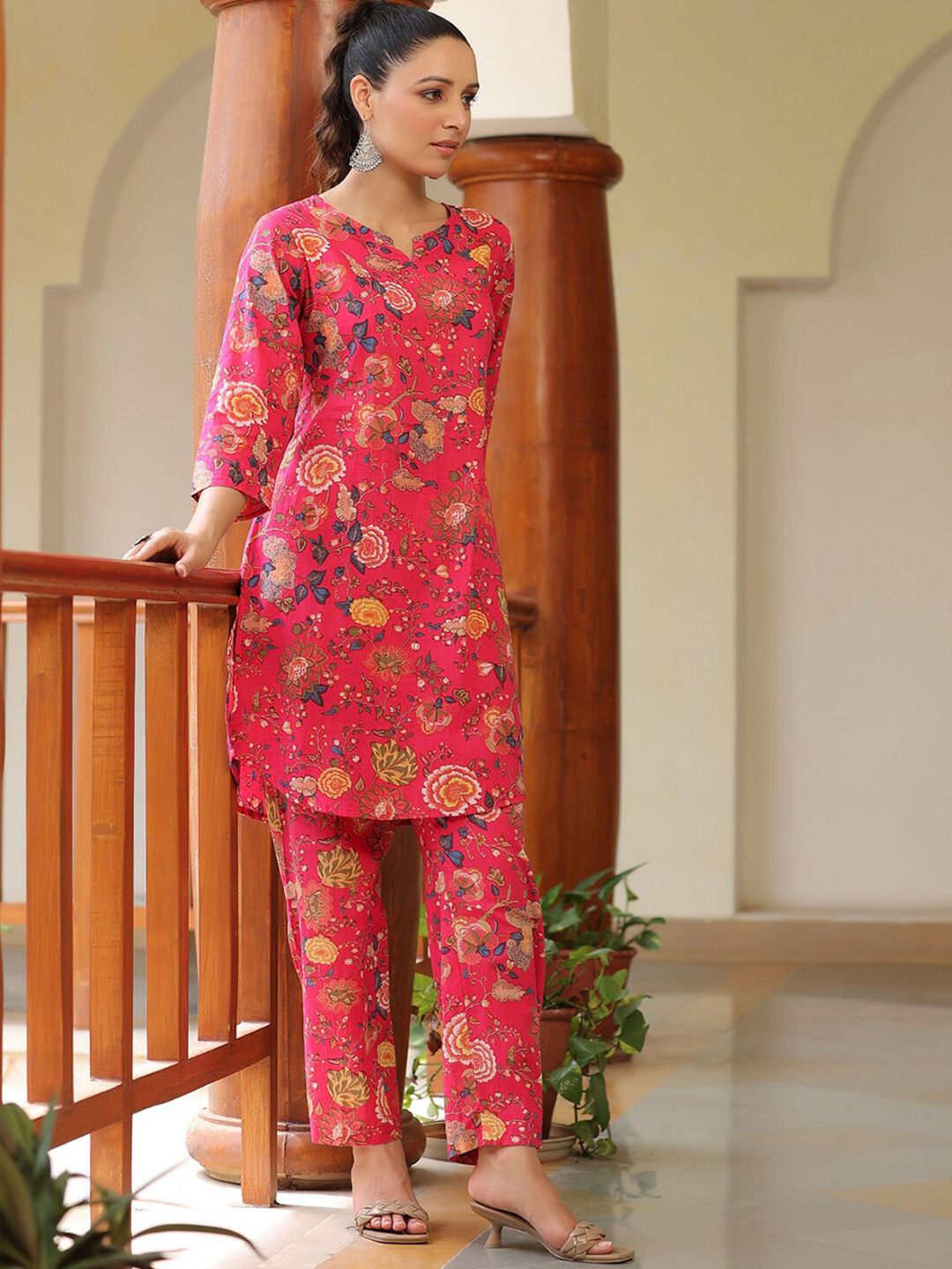 Dhiyona RR Women's Floral Printed Regular Pure Cotton A-Line Kurta with Trousers