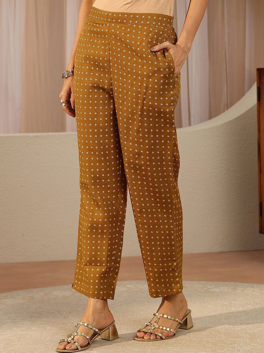 Mustard Floral Printed Cotton Blend Straight Suit Set