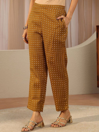 Mustard Floral Printed Cotton Blend Straight Suit Set