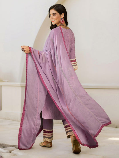 Dhiyona IS Women's Embroidered Straight Mirror Work Pure Cotton Kurta with Trousers & Dupatta
