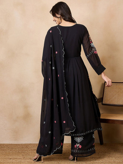 Dhiyona KL Floral Embroidered Georgette A-Line Kurta with Palazzos & Dupatta
