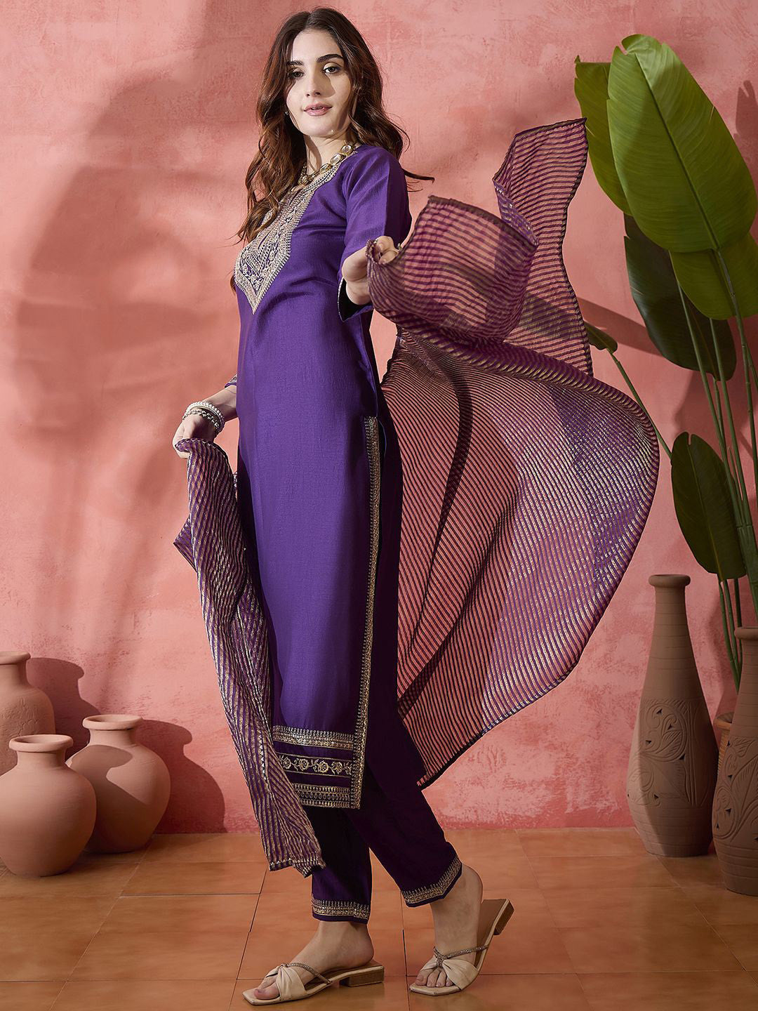 Purple Floral Embroidered Round Neck Straight Kurta With Trouser And Dupatta