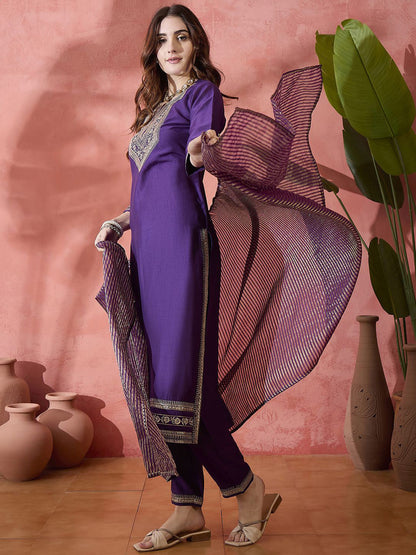 Purple Floral Embroidered Round Neck Straight Kurta With Trouser And Dupatta