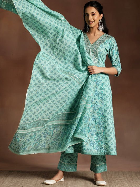 Floral Printed Regular Sequinned Pure Cotton Kurta with Palazzo & Dupatta