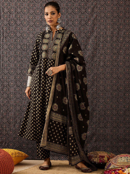 Dhiyona IE Women Ethnic Motifs Embroidered Panelled Thread Work Pure Cotton Kurta with Trousers & With Dupatta