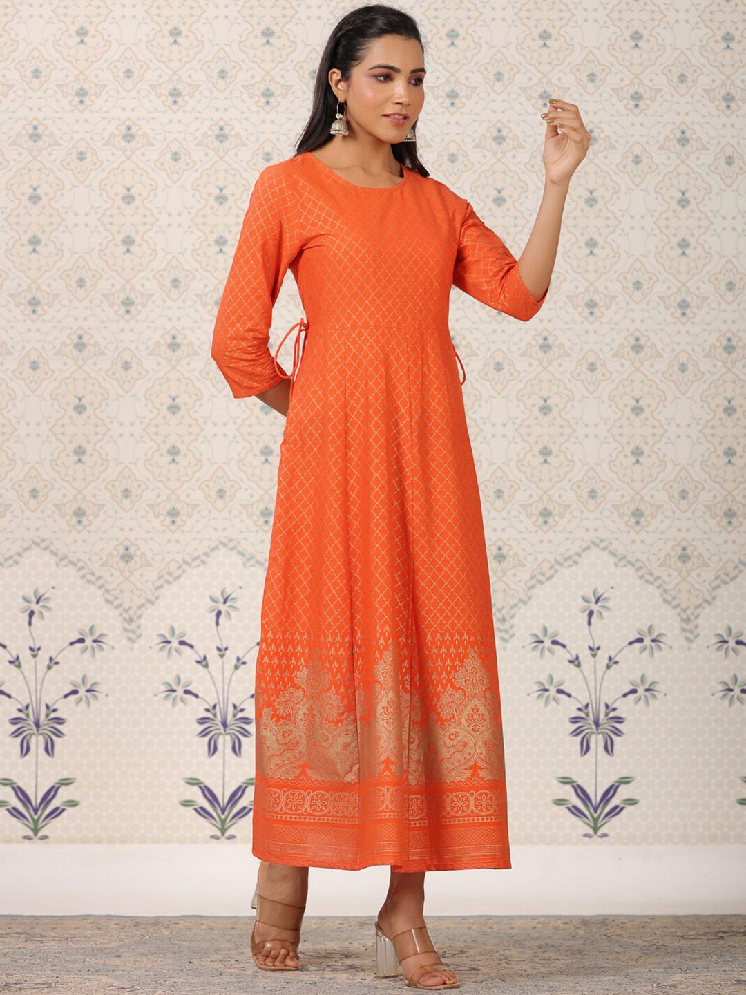 Dhiyona OD  Orange Coloured Ethnic Motifs Woven Design Anarkali Kurta