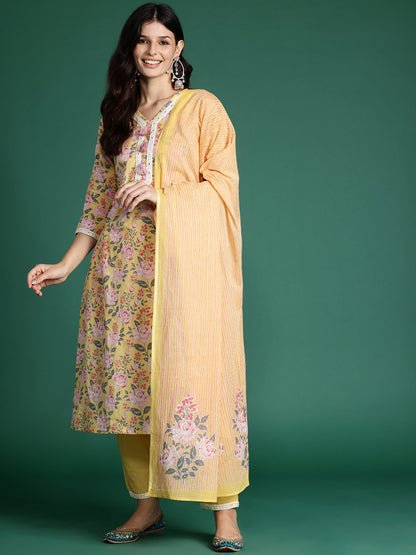 Floral Printed Thread Work Pure Cotton Kurta with Trousers & Dupatta