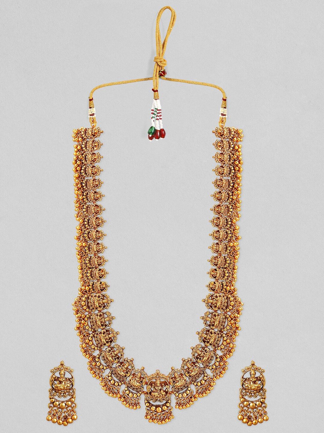 Dhiyona RJ Women's 22K Gold-Plated Divine Lakshmi Motif Temple Jewellery Set with Gold Bead Accents