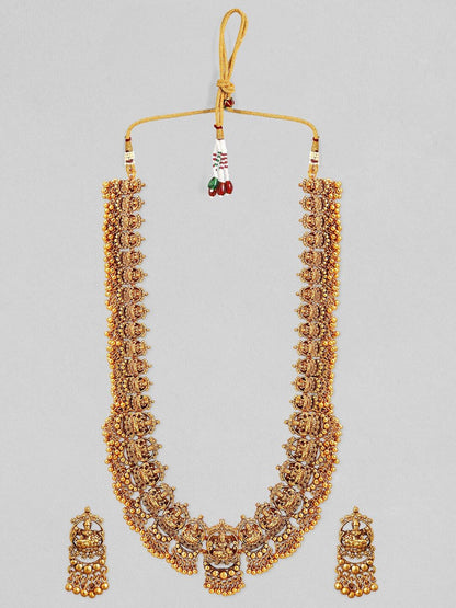 Dhiyona RJ Women's 22K Gold-Plated Divine Lakshmi Motif Temple Jewellery Set with Gold Bead Accents
