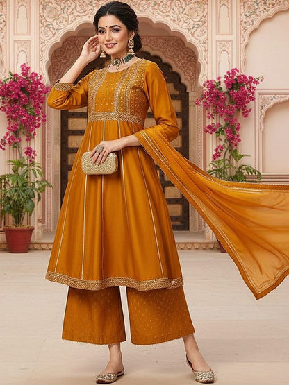 Dhiyona KL Ethnic Motifs Embroidered Panelled Gotta Patti Kurta & Palazzos With Dupatta