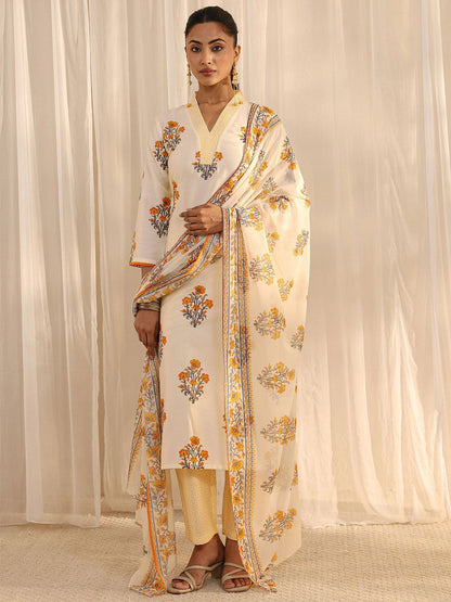 Off White Floral Printed Chanderi Silk Straight Suit Set with Dupatta