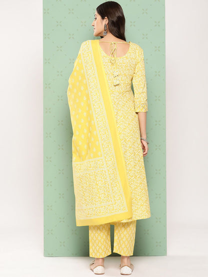 Dhiyona KL Ethnic Motifs Printed Pure Cotton Anarkali Kurta with Trousers & Dupatta