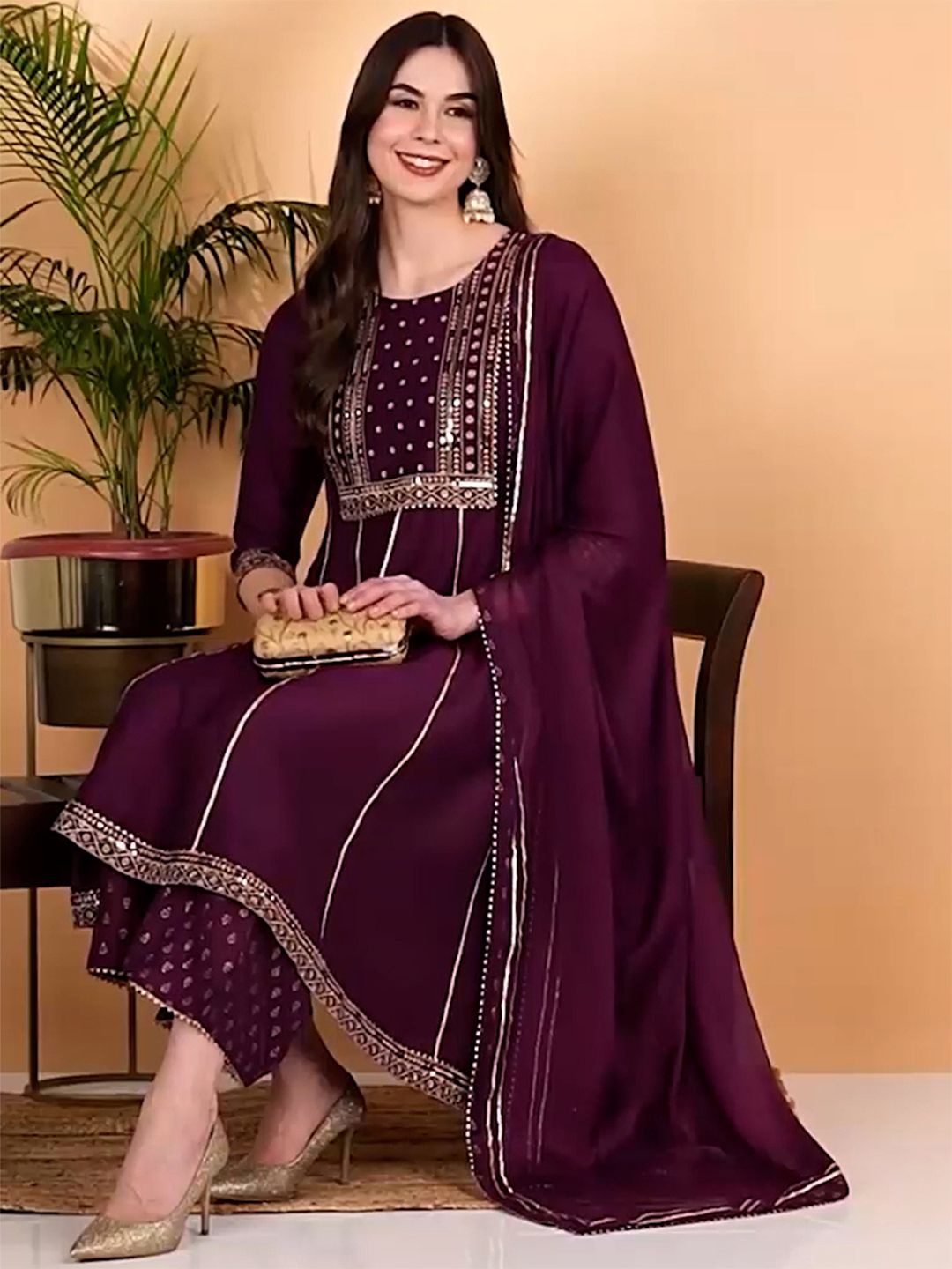 Dhiyona KL Embroidered Empire Gotta Patti Kurta with Palazzos & Dupatta