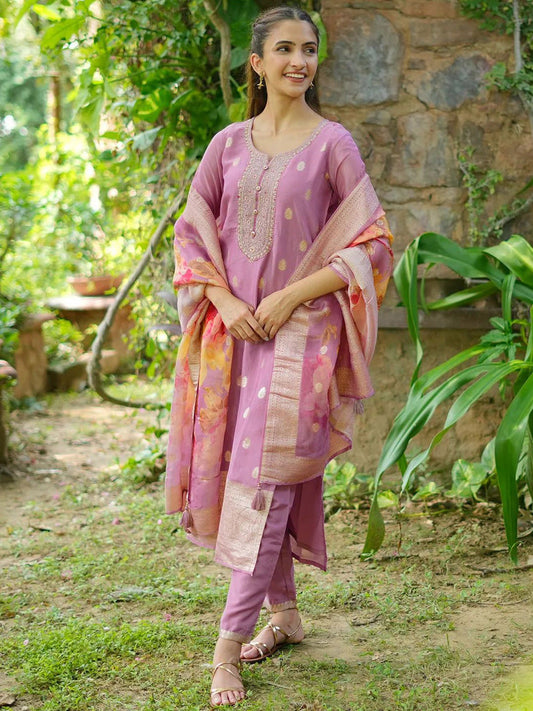 Floral Woven Design Zari Straight Kurta With trousers And Dupatta