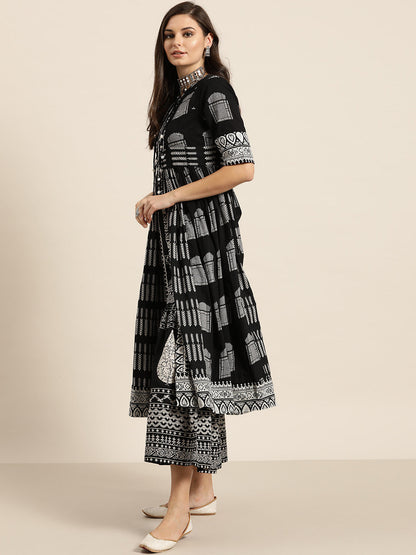 Women Black & White Printed Kurta with Palazzos