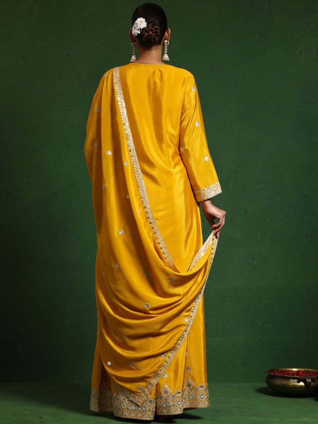 Dhiyona VA Floral Embroidered Zari Work Straight Kurta With Palazzos & Dupatta