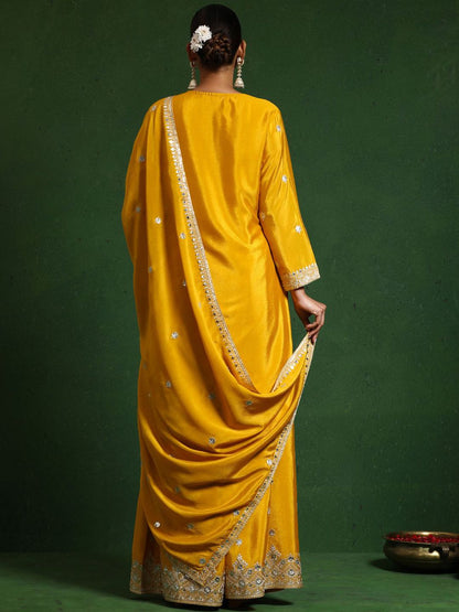 Dhiyona VA Floral Embroidered Zari Work Straight Kurta With Palazzos & Dupatta