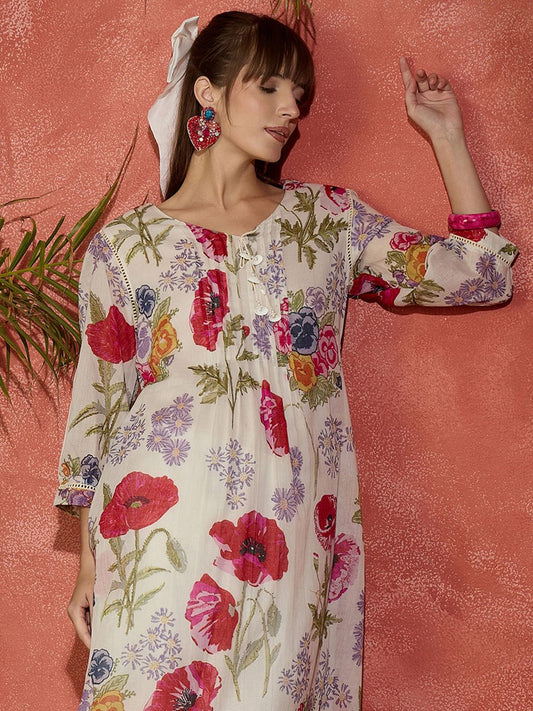 Dhiyona IE Printed Pure Cotton A-Line Tunic & Trousers Co-Ord Set