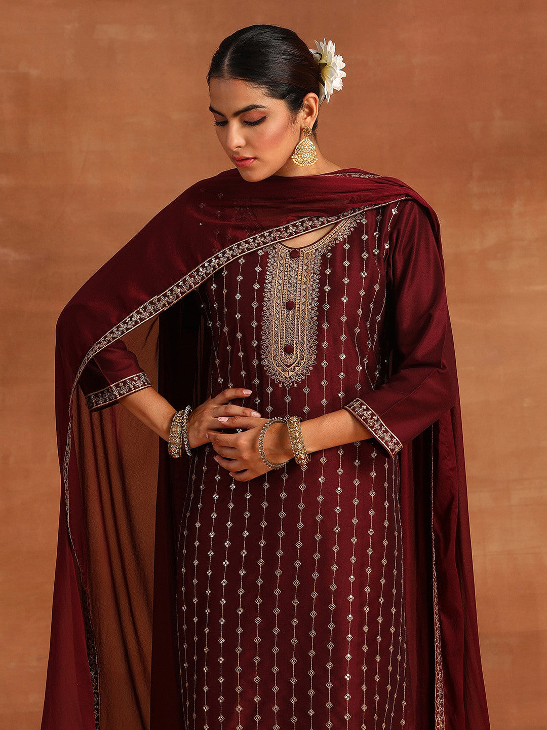 Embroidered Regular Thread Work Kurta With Trousers & Dupatta