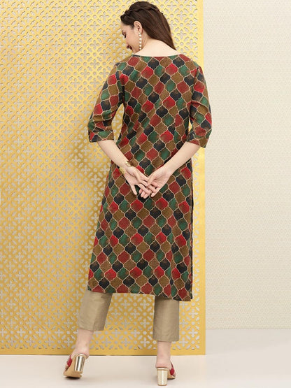 Dhiyona OD  Ethnic Motifs Printed Boat Neck Mirror Work Detailed Kurta