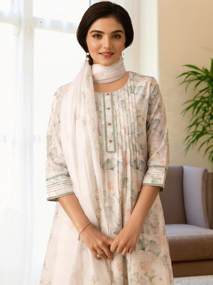 Dhiyona IS Women's White Floral Printed Beads & Stones A-Line Kurta & Trousers With Dupatta