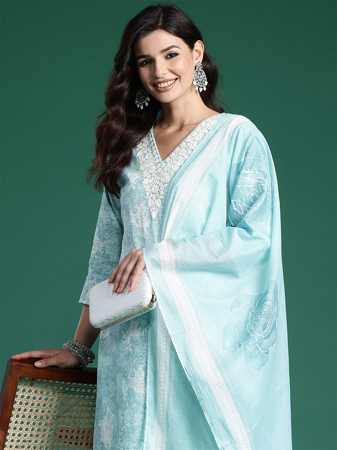 Dhiyona IE Floral Printed Thread Work Pure Cotton Kurta With Trousers & Dupatta