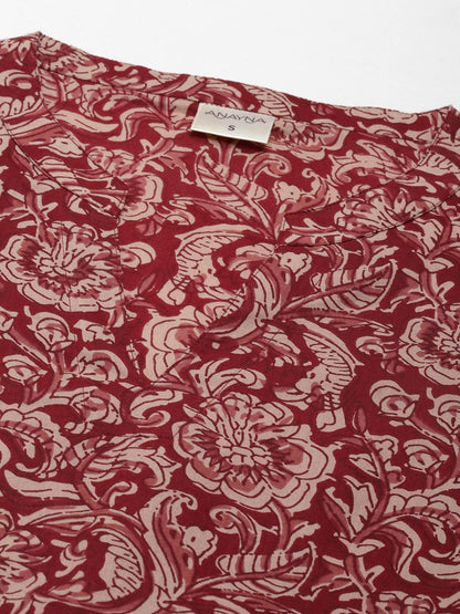 Dhiyona AY Women's Red Floral Ethnic A-Line Cotton Midi Ethnic Dress