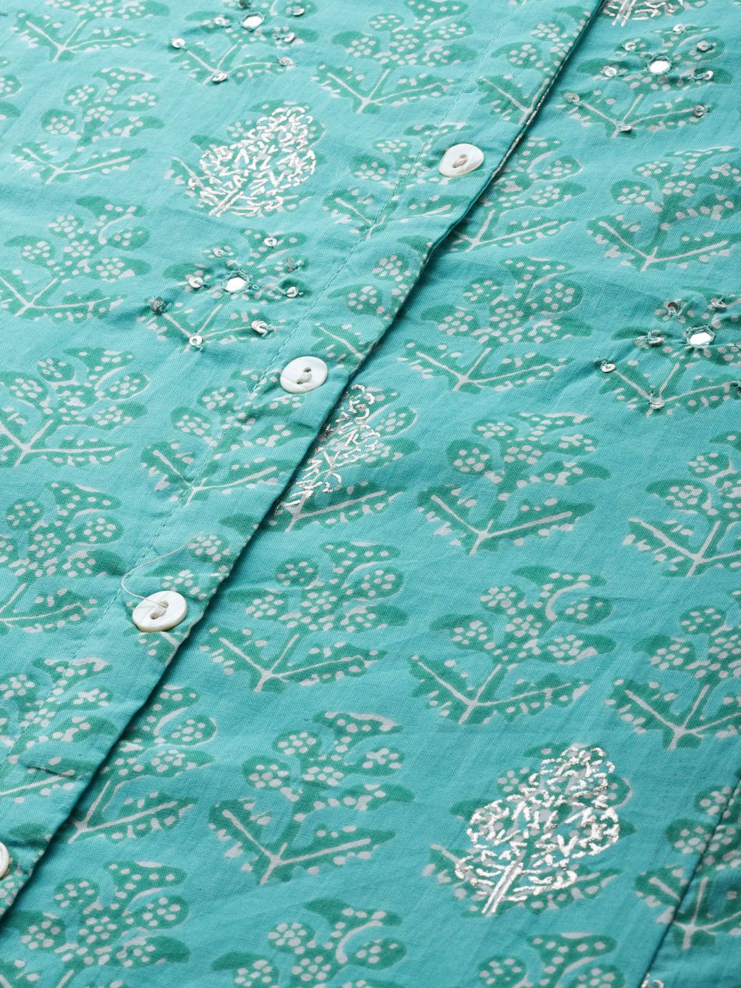 Dhiyona IS Women's Women Turquoise Blue White Printed Sequinned A-line Kurta Set