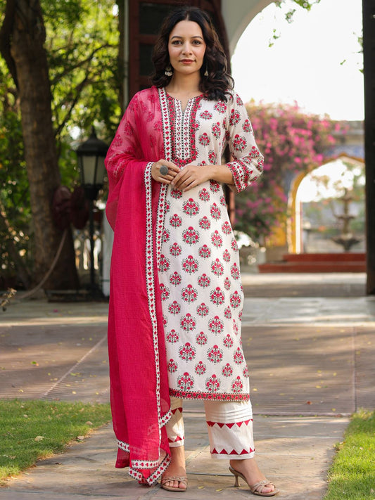 Dhiyona RR Women's Floral Printed Notch Neck Pure Cotton Kurta With Trousers & Dupatta