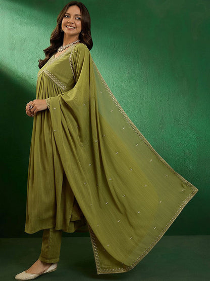 Floral Embroidered Alia Cut Kurta With Trouser & Dupatta