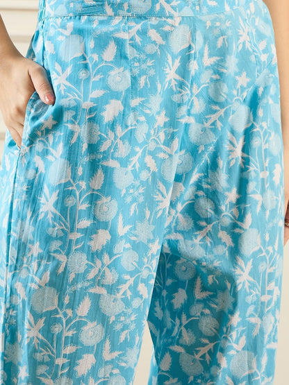 Dhiyona IE Floral Printed V-Neck Pure Cotton Straight Kurta With Trouser