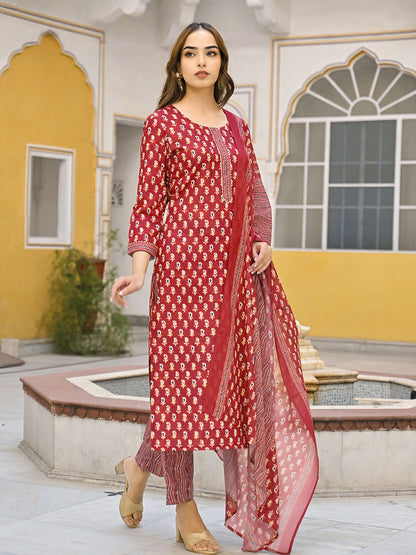 Dhiyona KL Floral Printed Straight Kurta With Trousers And Dupatta