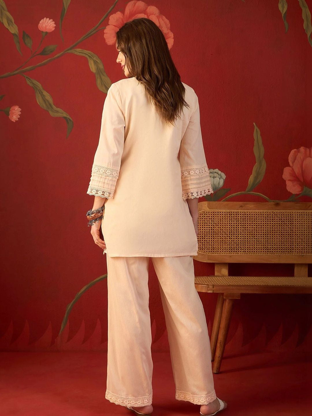 Peach schiffli embroidered cotton tunic and pants