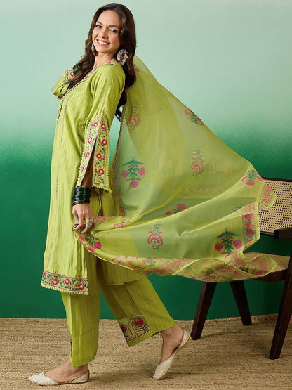 Dhiyona SN Embroidered Straight Kurta With Palazzo & Dupatta Set